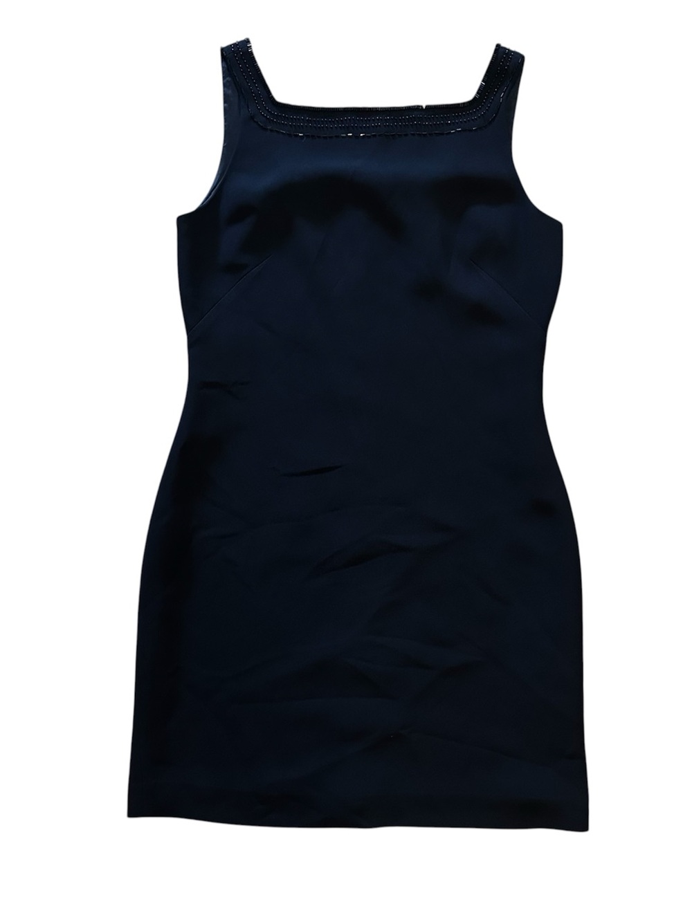 Petite Sophisticate Classic  Black Mini Dress with Square Neck and Beaded Detail